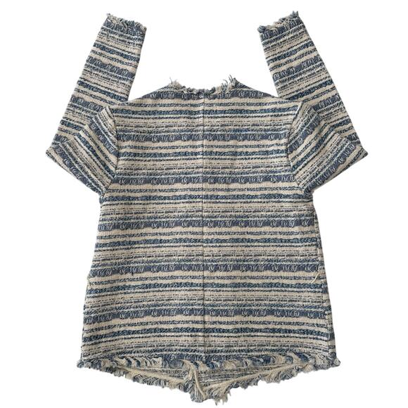 Lucky Brand tweed striped blue & cream open front fringed jacket size medium - Picture 2 of 10